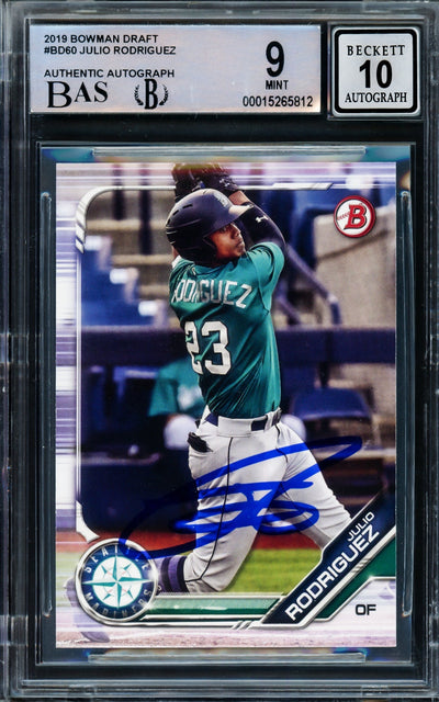 Julio Rodriguez Autographed 2019 Bowman Draft Rookie Card #BD60 Seattle Mariners BGS 9 Auto Grade Gem Mint 10 Beckett BAS Stock #211845