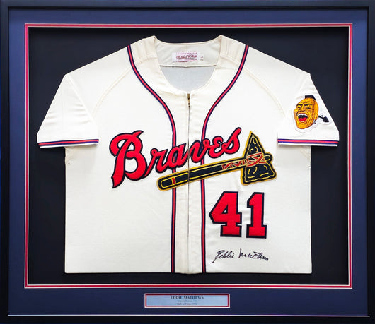 Eddie Mathews Autographed Framed Grey Authentic Mitchell & Ness Jersey Milwaukee Braves Size L Beckett BAS #BK44626