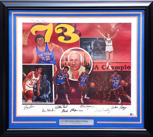 1973 NBA Champion New York Knicks Team Autographed Framed 24x30 Lithograph Photo With 7 Signatures Including Willis Reed & Jerry Lucas, Artist Signed Beckett BAS #AC94183