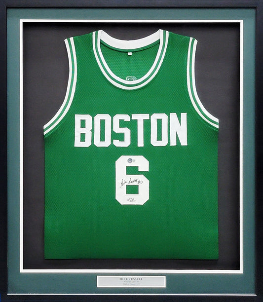 Boston Celtics Bill Russell Autographed Framed Green Jersey Beckett BAS QR Stock #210988