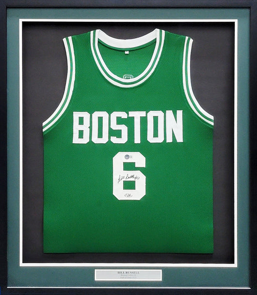 Boston Celtics Bill Russell Autographed Framed Green Jersey Beckett BAS QR Stock #210988