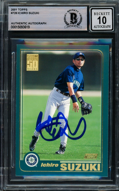 Ichiro Suzuki Autographed 2001 Topps Rookie Card #726 Seattle Mariners Auto Grade Gem Mint 10 Beckett BAS Stock #211055