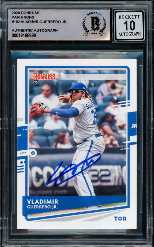 Vladmir Guerrero Jr. Autographed 2020 Donruss Card #102 Toronto Blue Jays Auto Grade Gem Mint 10 Batting Beckett BAS #16168690