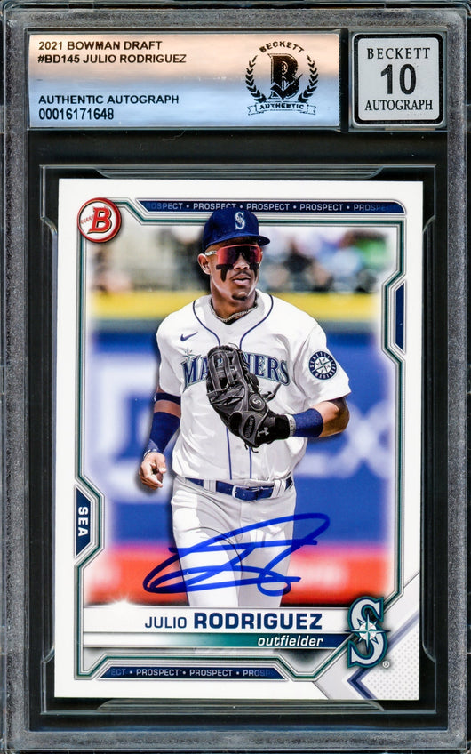Julio Rodriguez Autographed 2021 Bowman Draft Rookie Card #BD145 Seattle Mariners Auto Grade Gem Mint 10 Beckett BAS #16171648