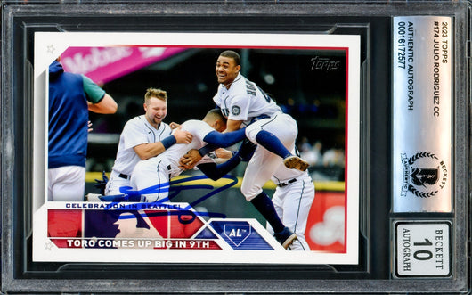 Julio Rodriguez Autographed 2023 Topps Card #174 Seattle Mariners Auto Grade Gem Mint 10 Beckett BAS #16172577