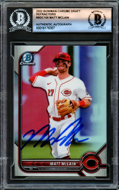 Matt McLain Autographed 2022 Bowman Draft Chrome Refractor Rookie Card #BDC100 Cincinnati Reds Beckett BAS #16176307