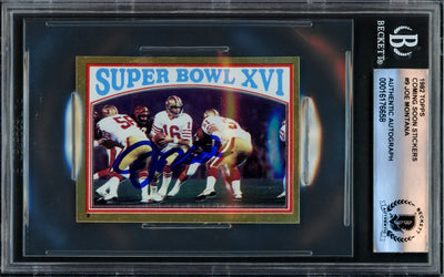 Joe Montana Autographed 1982 Topps Sticker Card #9 San Francisco 49ers Beckett BAS #16176658