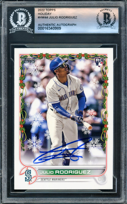 Julio Rodriguez Autographed 2022 Topps Holiday Rookie Card #HW44 Seattle Mariners Beckett BAS #16340989
