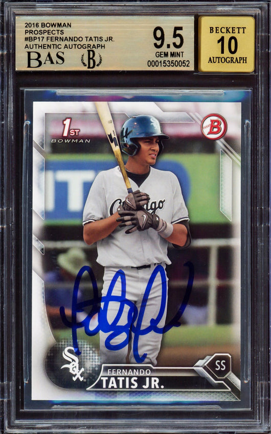 Fernando Tatis Jr. Autographed 2016 Bowman Prospect Rookie Card #BP17 San Diego Padres BGS 9.5 Auto Grade Gem Mint 10 Highest Graded Beckett BAS #15350052
