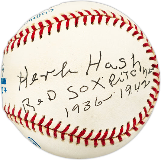 Herb Hash Autographed Official AL Baseball Boston Red Sox "Red Sox Pitcher 1936-1942" Beckett BAS QR #BL93587