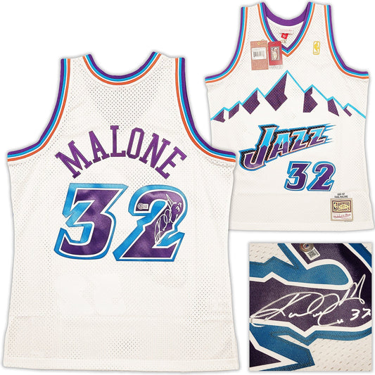 Utah Jazz Karl Malone Autographed White Authentic Mitchell & Ness Jersey Size L Beckett BAS Stock #211874