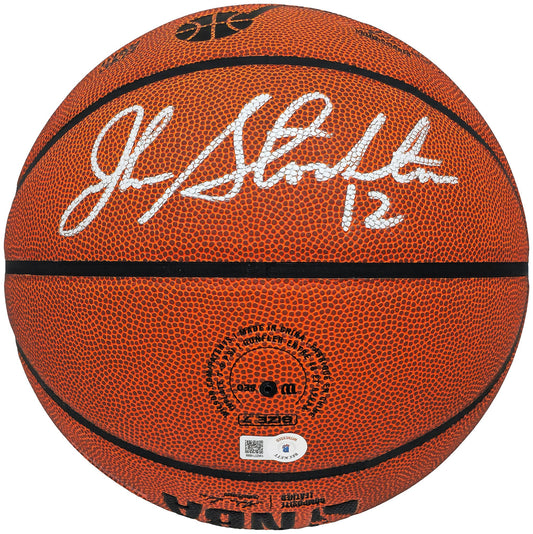 John Stockton Autographed Composite Leather Utah Jazz Logo Basketball Beckett BAS Witness
