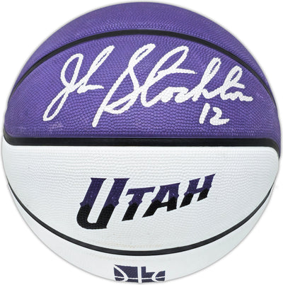 John Stockton Autographed Purple & White City Edition Basketball Utah Jazz Beckett BAS Witness