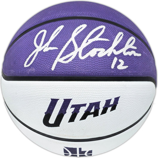 John Stockton Autographed Purple & White City Edition Basketball Utah Jazz Beckett BAS Witness