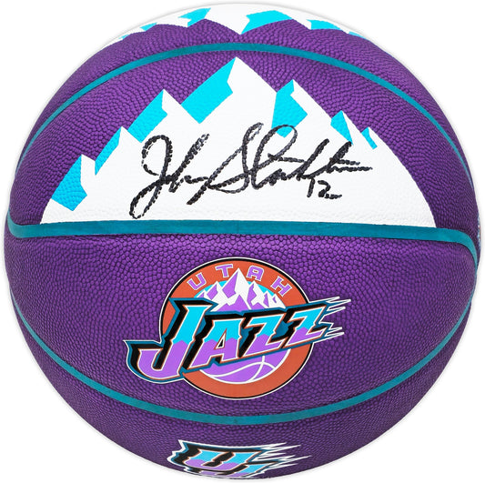 John Stockton Autographed Purple City Edition Basketball Utah Jazz With Mountains Beckett BAS Witness