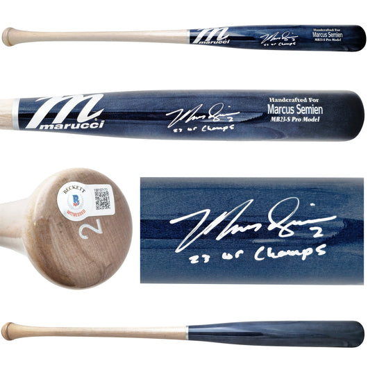 Marcus Semien Autographed Navy & Grey Marucci Player Model Baseball Bat Texas Rangers "23 WS Champs" Beckett BAS Witness