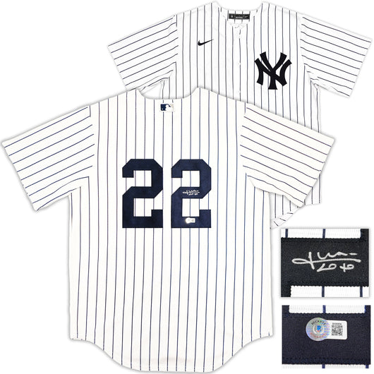 New York Yankees Juan Soto Autographed White Pinstripes Nike Jersey Size L Beckett BAS QR