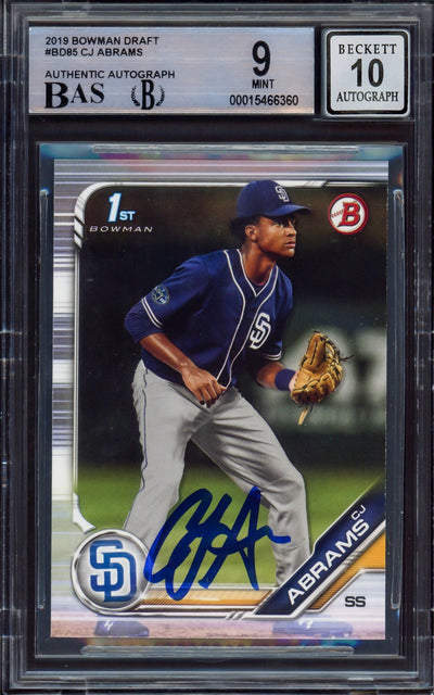 CJ Abrams Autographed 2019 Bowman Draft Rookie Card #BD85 San Diego Padres BGS 9 Auto Grade Gem Mint 10 Beckett BAS #15466360