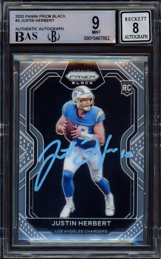 Justin Herbert Autographed 2020 Panini Prizm Black Rookie Card #3 Los Angeles Chargers BGS 9 Auto Grade Near Mint/Mint 8 Beckett BAS #15467852