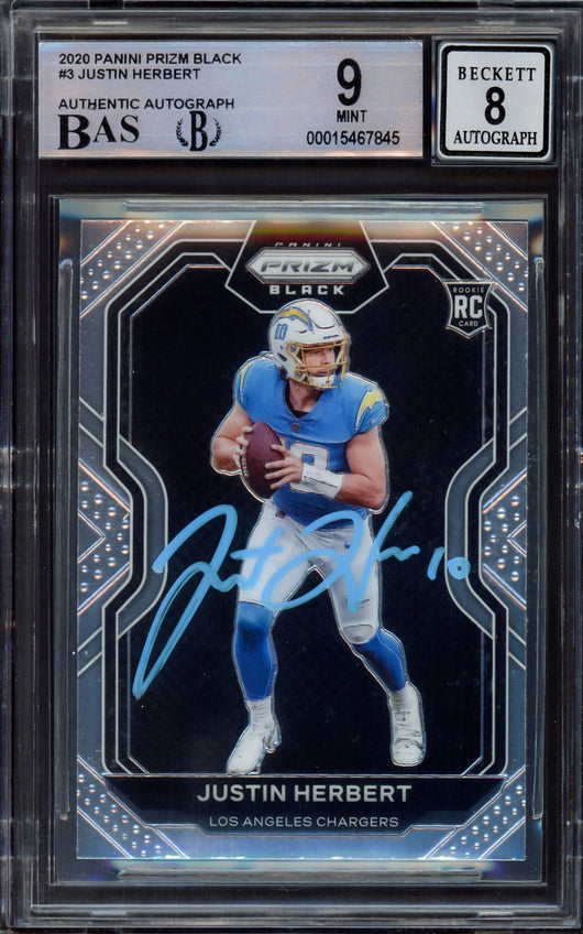 Justin Herbert Autographed 2020 Panini Prizm Black Rookie Card #3 Los Angeles Chargers BGS 9 Auto Grade Near Mint/Mint 8 Beckett BAS #15467845