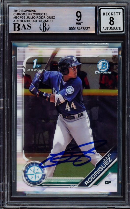 Julio Rodriguez Autographed 2019 Bowman Chrome Prospects Rookie Card #BCP33 Seattle Mariners BGS 9 Auto Grade Near Mint/Mint 8 Beckett BAS #15467837