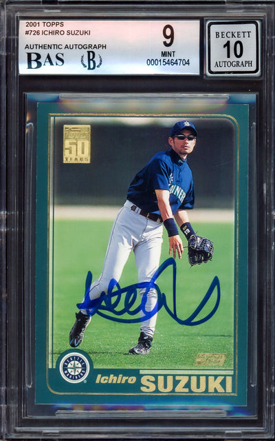 Ichiro Suzuki Autographed 2001 Topps Rookie Card #726 Seattle Mariners BGS 9 Auto Grade Gem Mint 10 Beckett BAS #15464704