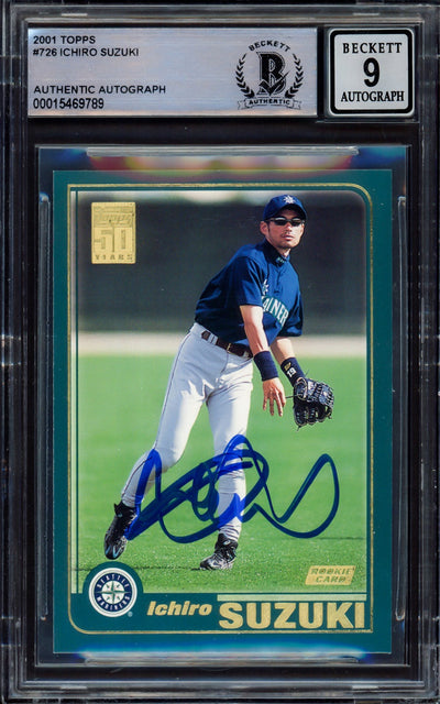 Ichiro Suzuki Autographed 2001 Topps Rookie Card #726 Seattle Mariners Auto Grade Mint 9 Beckett BAS #15469789
