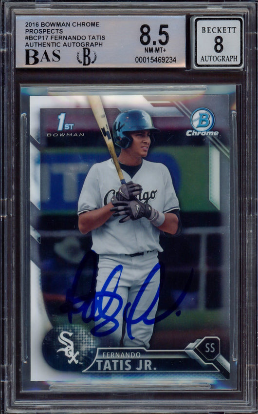 Fernando Tatis Jr. Autographed 2016 Bowman Chrome Prospects Rookie Card #BCP17 San Diego Padres BGS 8.5 Auto Grade Near Mint/Mint 8 Beckett BAS #15469234