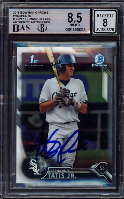 Fernando Tatis Jr. Autographed 2016 Bowman Chrome Prospects Rookie Card #BCP17 San Diego Padres BGS 8.5 Auto Grade Near Mint/Mint 8 Beckett BAS #15469238