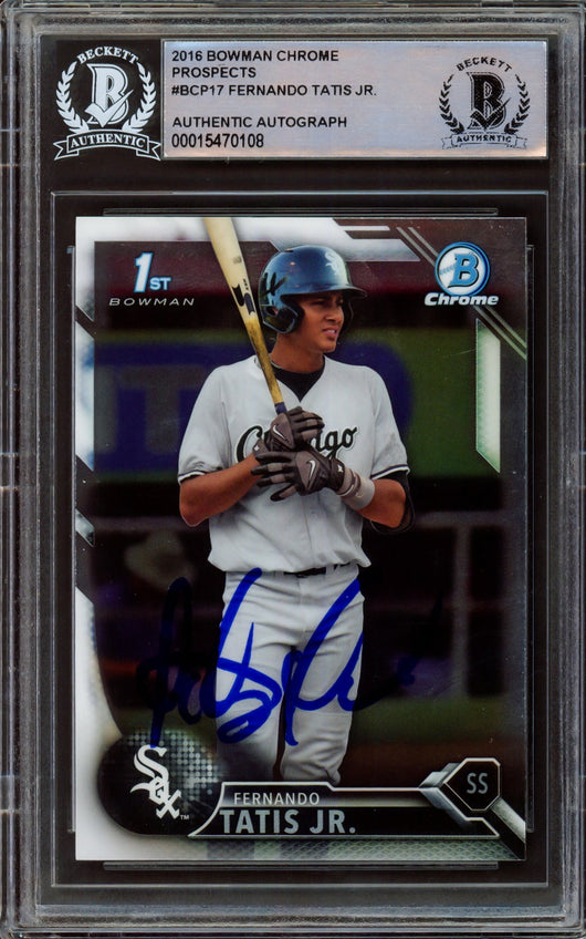 Fernando Tatis Jr. Autographed 2016 Bowman Chrome Prospects Rookie Card #BCP17 San Diego Padres Beckett BAS Stock #213281