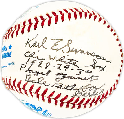 Karl Swanson Autographed Official Comiskey Park AL Baseball Chicago White Sox "1928-29-30 Played against Babe Ruth & Lou Gehrig" Beckett BAS QR #BM25632