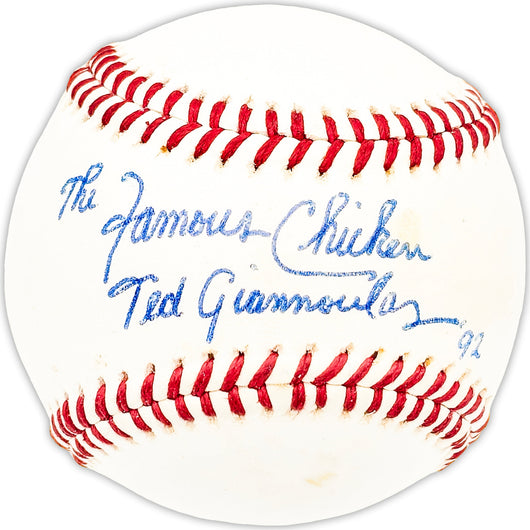 Ted Giannoulas Autographed Official Wilson Baseball The Famous Chicken "92" Beckett BAS QR #BM25370