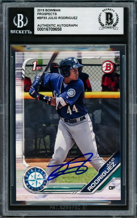 Julio Rodriguez Autographed 2019 1st Bowman Prospects Rookie Card #BP33 Seattle Mariners Beckett BAS