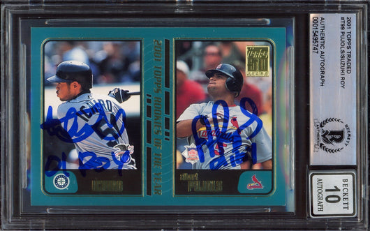 Albert Pujols & Ichiro Suzuki Autographed 2001 Topps Traded Rookie Card #T99 Auto Grade Gem Mint 10 "01 ROY " Beckett BAS #15495747