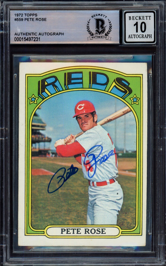 Pete Rose Autographed 1972 Topps Card #559 Cincinnati Reds Auto Grade Gem Mint 10 Beckett BAS #15497231