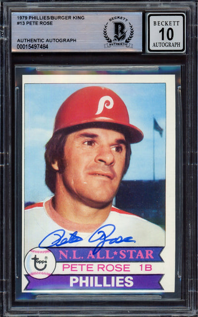 Pete Rose Autographed 1979 Topps Burger King Card #13 Philadelphia Phillies Auto Grade Gem Mint 10 Beckett BAS #15497484