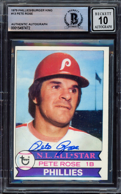 Pete Rose Autographed 1979 Topps Burger King Card #13 Philadelphia Phillies Auto Grade Gem Mint 10 Beckett BAS #15497472