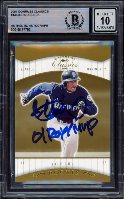 Ichiro Suzuki Autographed 2001 Donruss Classics Rookie Card #146 Seattle Mariners Auto Grade Gem Mint 10 "01 ROY/MVP" #141/585 Beckett BAS #15497793