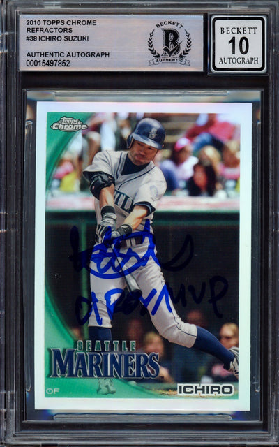 Ichiro Suzuki Autographed 2010 Topps Chrome Refractors Card #38 Seattle Mariners Auto Grade Gem Mint 10 "01 ROY/MVP" Beckett BAS #15497852
