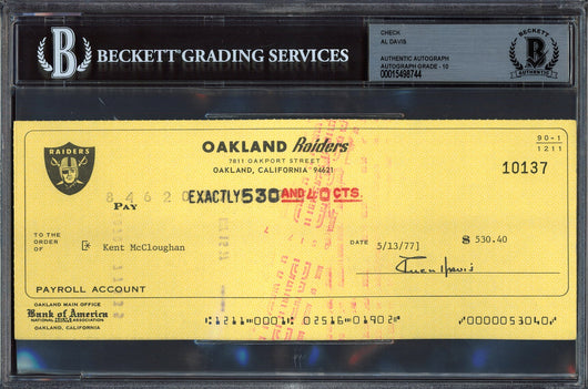 Al Davis Autographed Check Oakland Raiders Owner Auto Grade Gem Mint 10 Beckett BAS #15498744