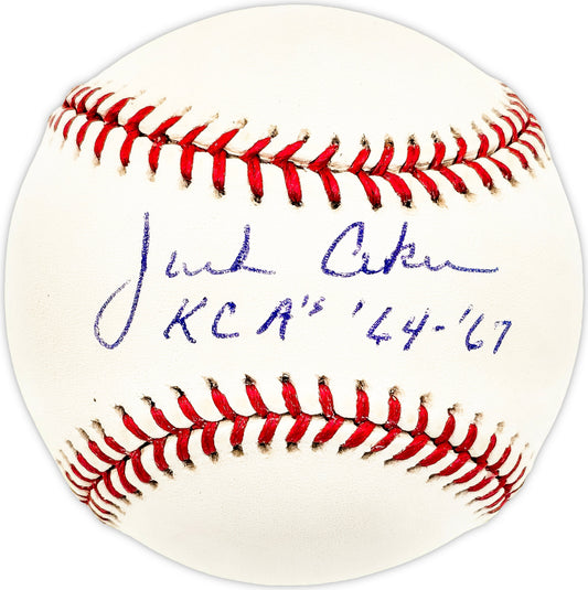 Jack Aker Autographed Official AL Baseball KC A's "64-'67"
