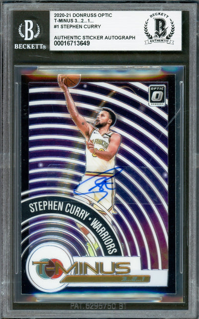 Stephen Curry Autographed 2020-21 Donruss Optic T-Minus Card #1 Golden State Warriors Beckett BAS #16713649