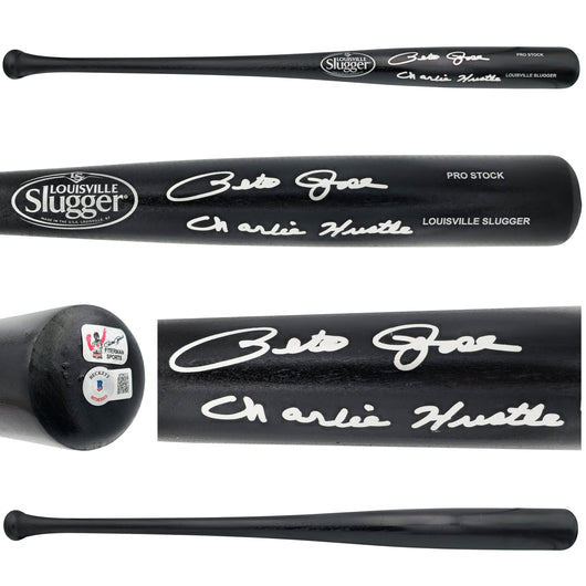 Pete Rose Autographed Black Louisville Slugger Pro Stock Baseball Bat Cincinnati Reds "Charlie Hustle" Beckett BAS Witness