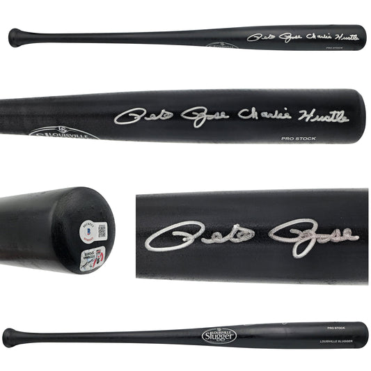 Pete Rose Autographed Black Louisville Slugger Pro Stock Baseball Bat Cincinnati Reds "Charlie Hustle" Beckett BAS Witness