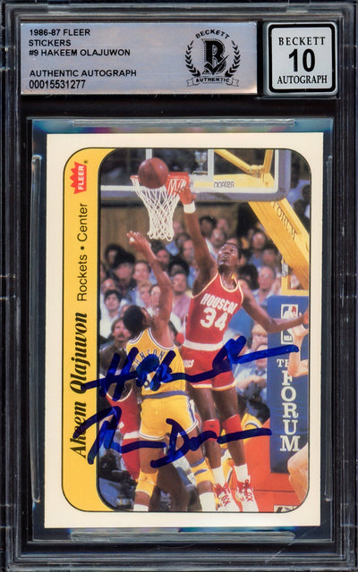 Hakeem Olajuwon Autographed 1986-87 Fleer Stickers Rookie Card #9 Houston Rockets Auto Grade Gem Mint 10 "The Dream" Beckett BAS #15531277