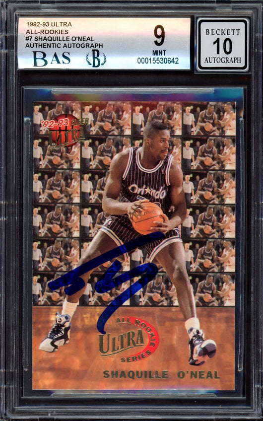 Shaquille "Shaq" O'Neal Autographed 1992-93 Fleer Ultra All Rookie Team Rookie Card #7 Orlando Magic BGS 9 Auto Grade Gem Mint 10 Beckett BAS #15530642