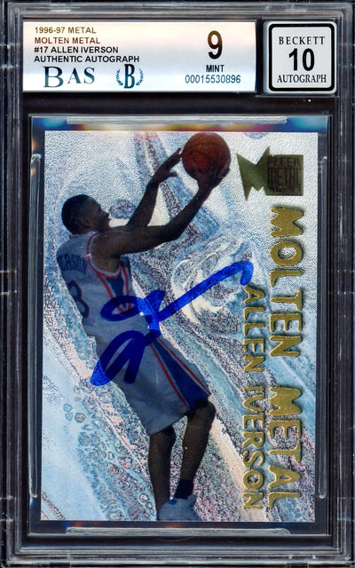 Allen Iverson Autographed 1996-97 Fleer Molten Metal Rookie Card #17 Philadelphia 76ers BGS 9 Auto Grade Gem Mint 10 Beckett BAS #15530896