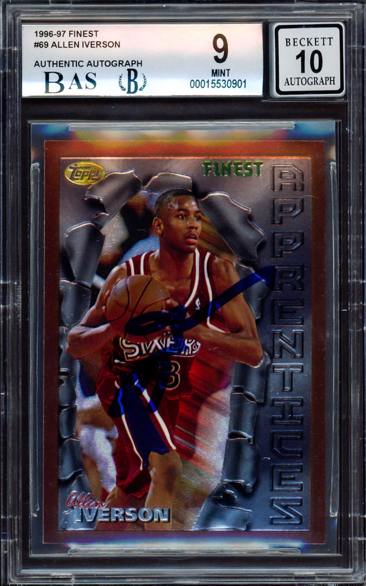 Allen Iverson Autographed 1996-97 Finest Rookie Card #69 Philadelphia 76ers BGS 9 Auto Grade Gem Mint 10 Beckett BAS #15530901