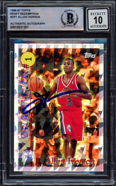 Allen Iverson Autographed 1996-97 Topps Draft Picks Rookie Card #DP1 Philadelphia 76ers Auto Grade Gem Mint 10 Beckett BAS #15531207