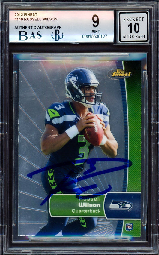 Russell Wilson Autographed 2012 Topps Finest Rookie Card #140 Seattle Seahawks BGS 9 Auto Grade Gem Mint 10 Beckett BAS #15530127